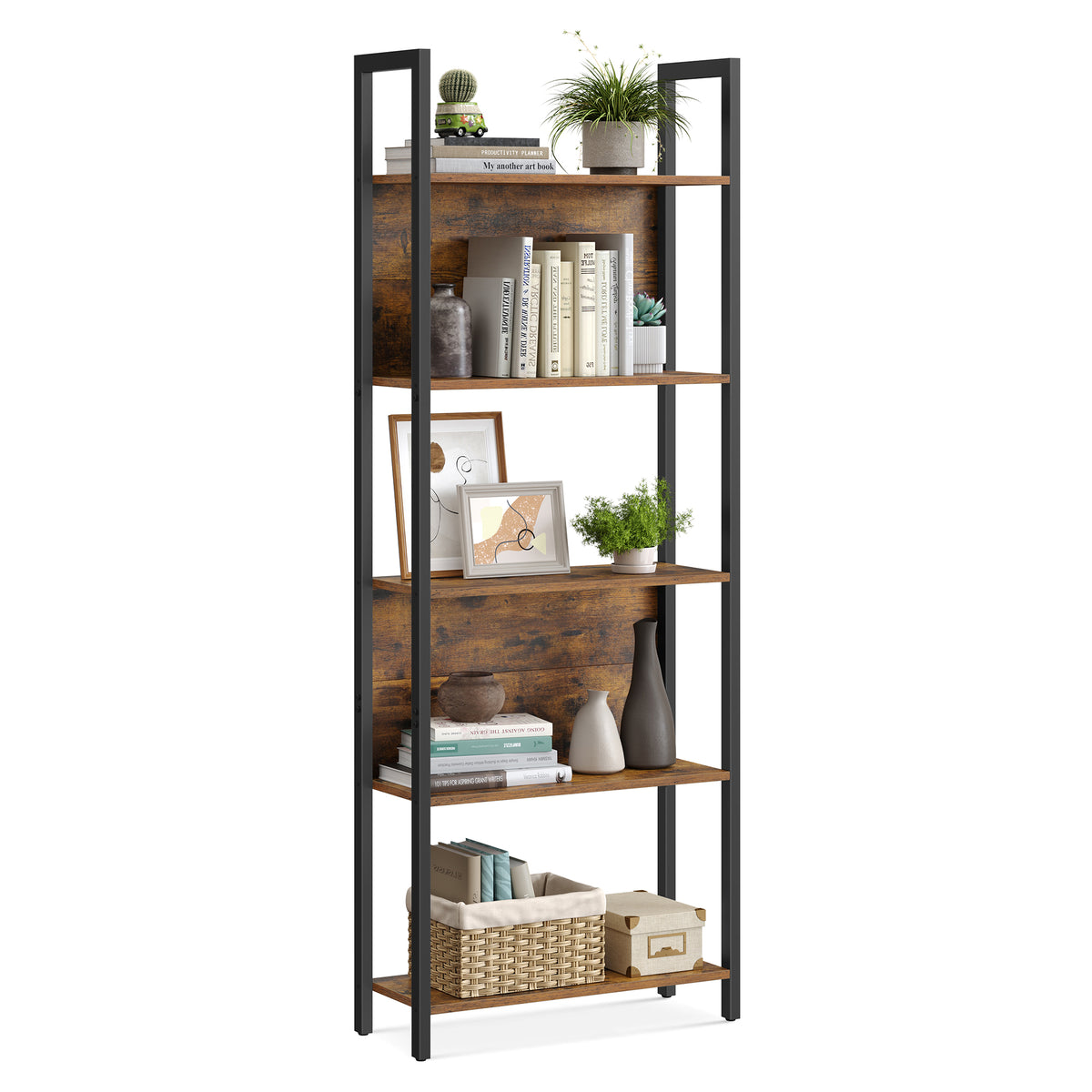 VASAGLE five-tier Rustic Brown bookcase with Matte Black steel frame; books and decorative props are not included