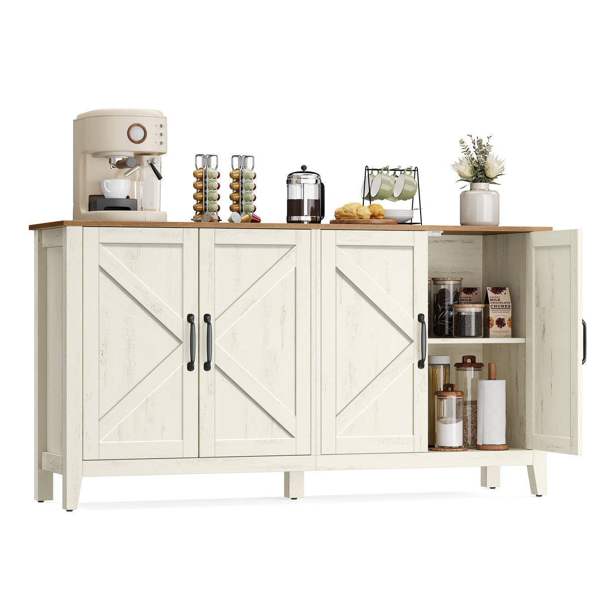 VASAGLE White four-door buffet cabinet with contrasting wood-look top and open right cabinet; appliances and kitchen props are not included