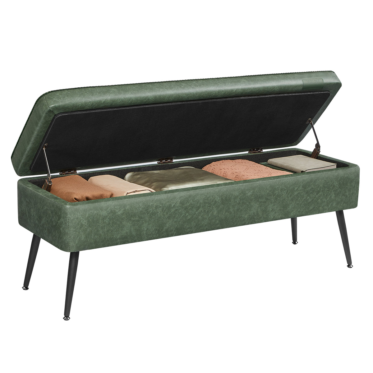 VASAGLE EKHO Forest Green storage ottoman bench with Matte Black legs and open upholstered lid; pillows and blankets are not included