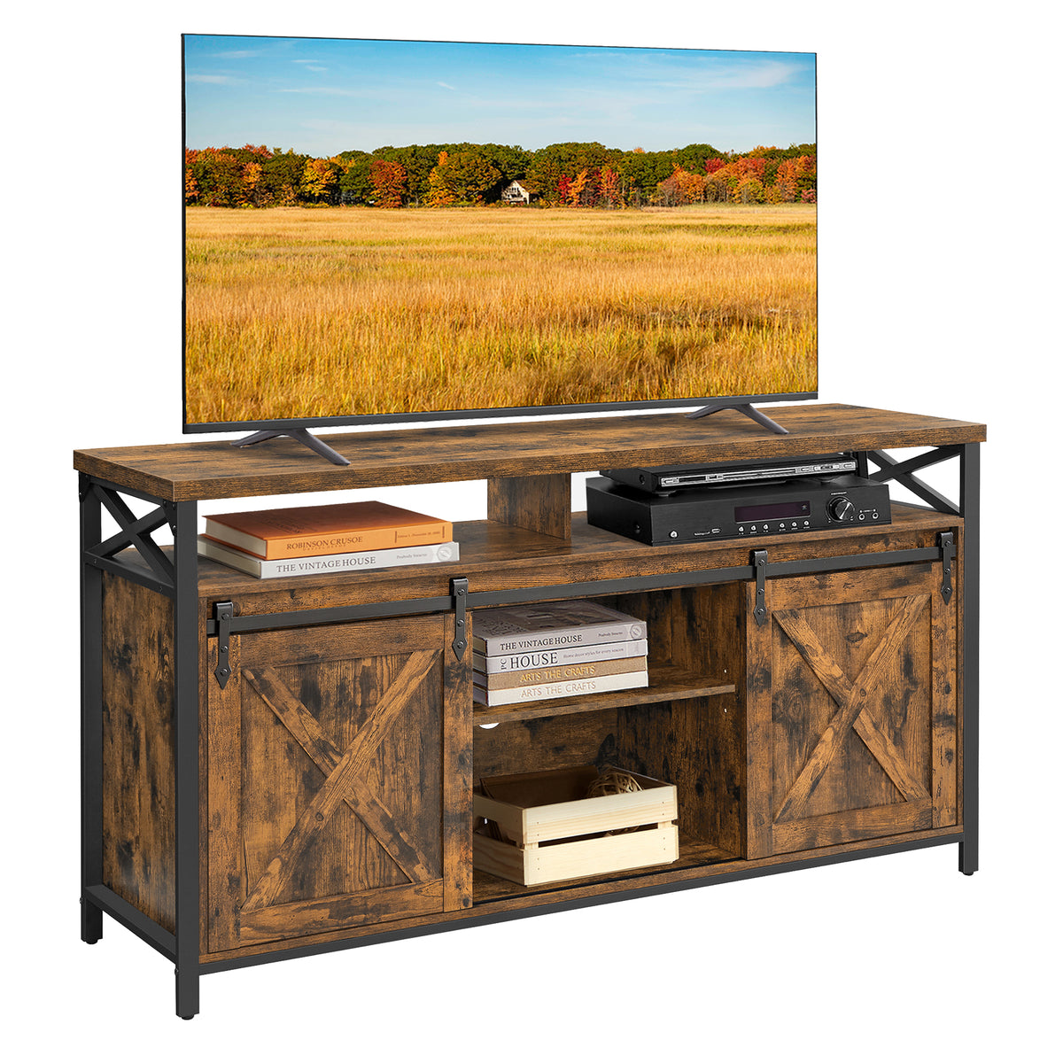VASAGLE Rustic Brown and Black TV stand with sliding barn-style doors and center shelves; television and display props are not included
