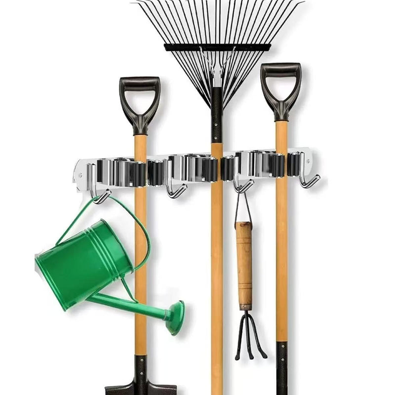 Stainless Steel Broom & Mop Holder, 3 Slots + 4 Hooks