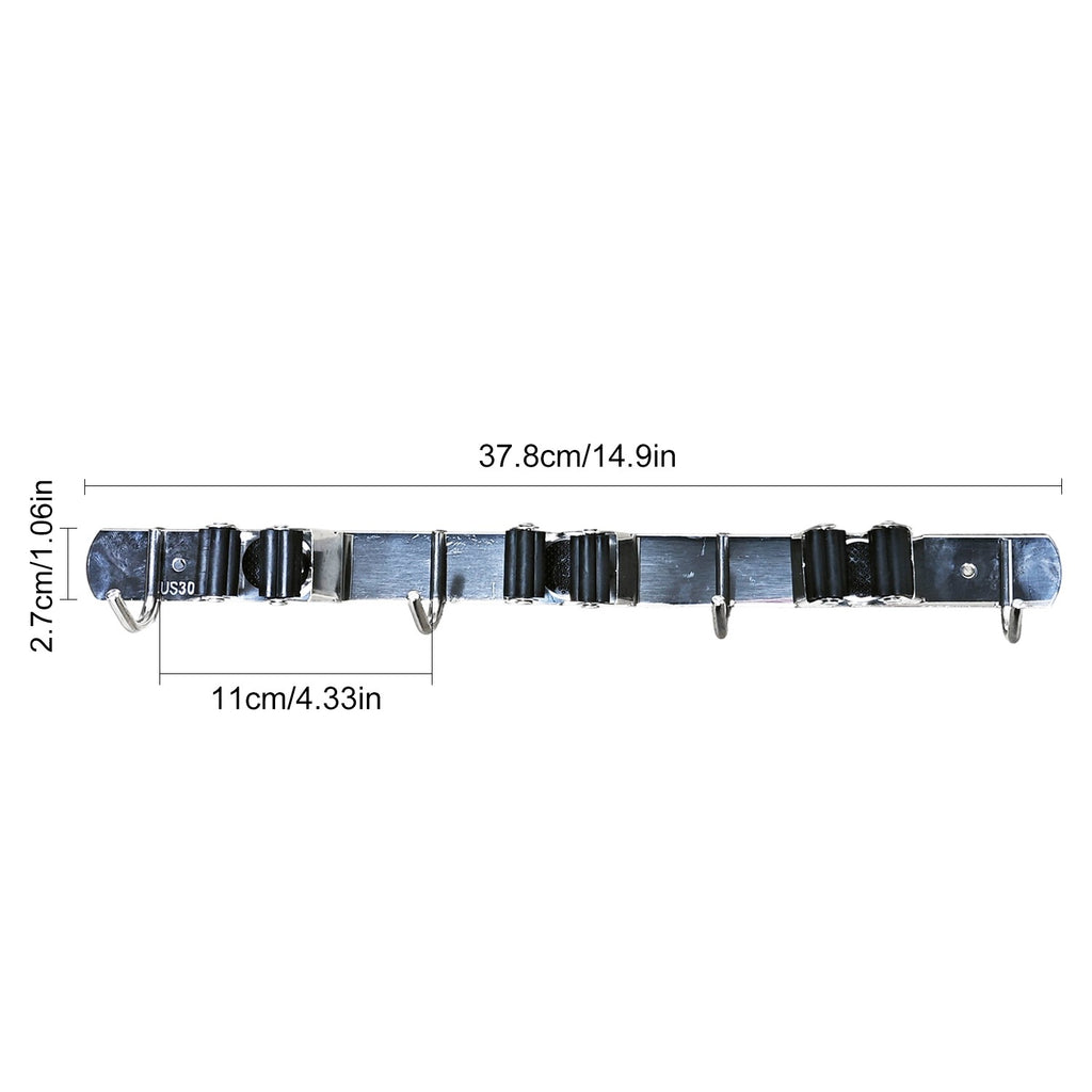 Silver stainless steel broom and mop holder with three grip slots and four hooks; shown tools are not included – detail 2