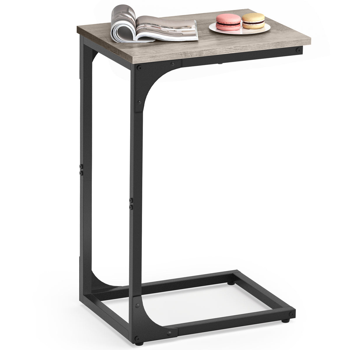 VASAGLE Heather Greige and Matte Black C-shaped side table; magazine and food props are not included