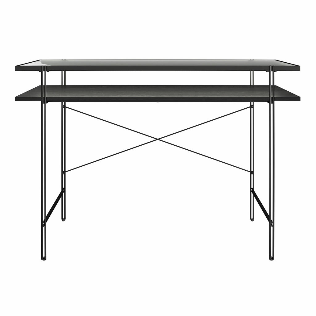 Ameriwood Home Vance computer desk in Black Oak with fluted-glass desktop, open shelf and black metal frame; desk only