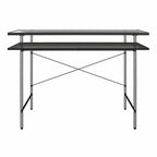 Ameriwood Home Vance computer desk in Black Oak with fluted-glass desktop, open shelf and black metal frame; desk only