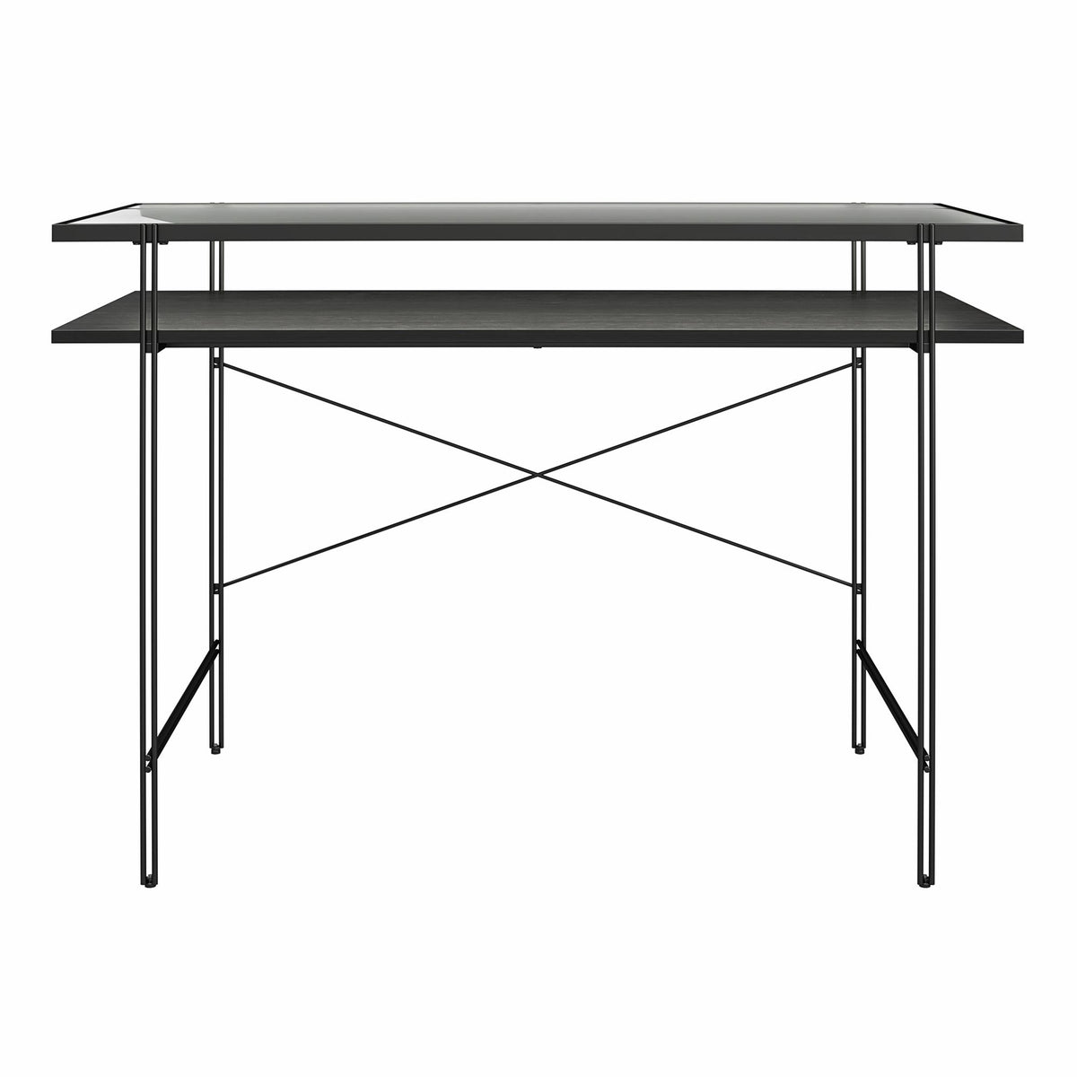 Ameriwood Home Vance computer desk in Black Oak with fluted-glass desktop, open shelf and black metal frame; desk only