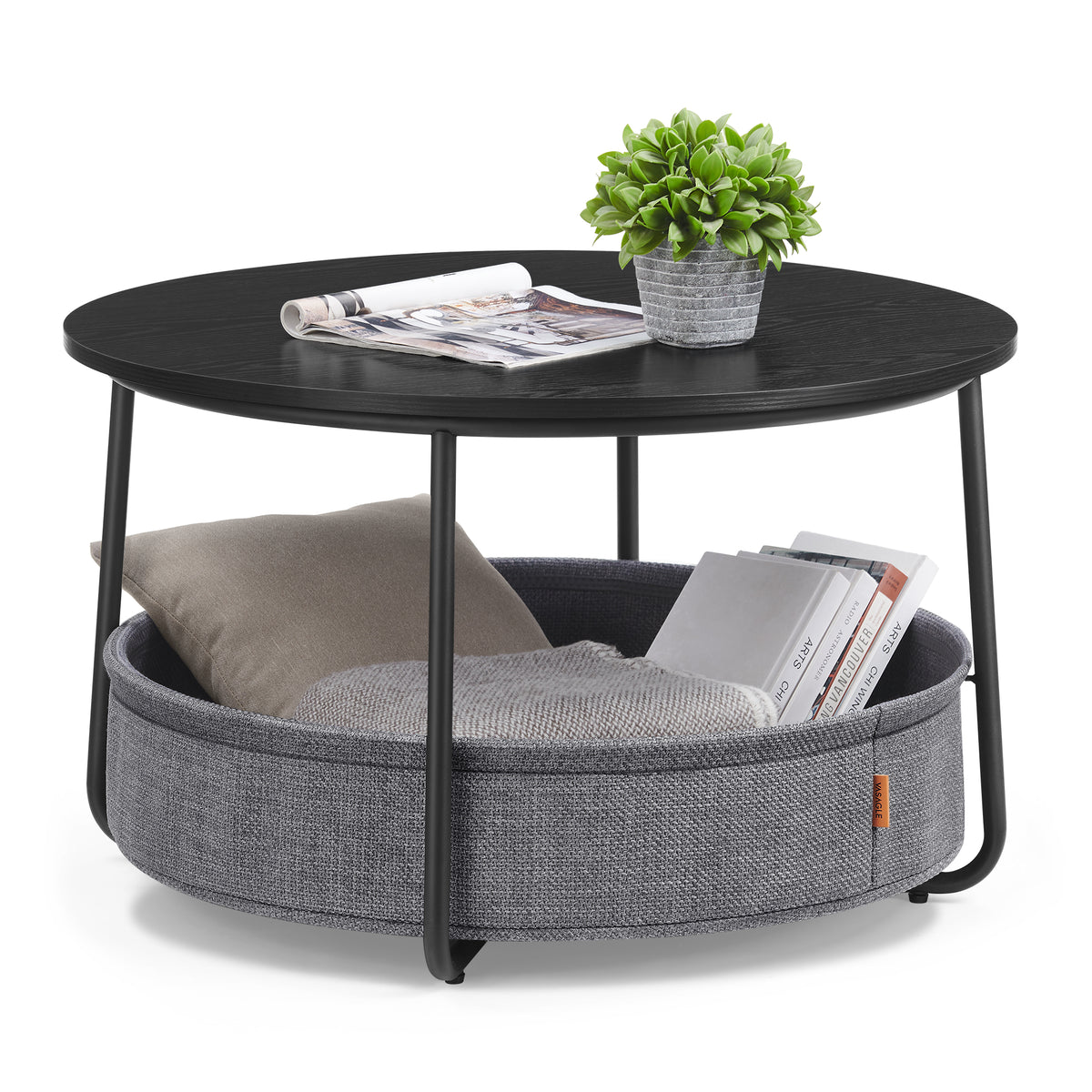 VASAGLE LILEA round coffee table in Ebony Black and Slate Gray with fabric storage basket; decorative props not included.