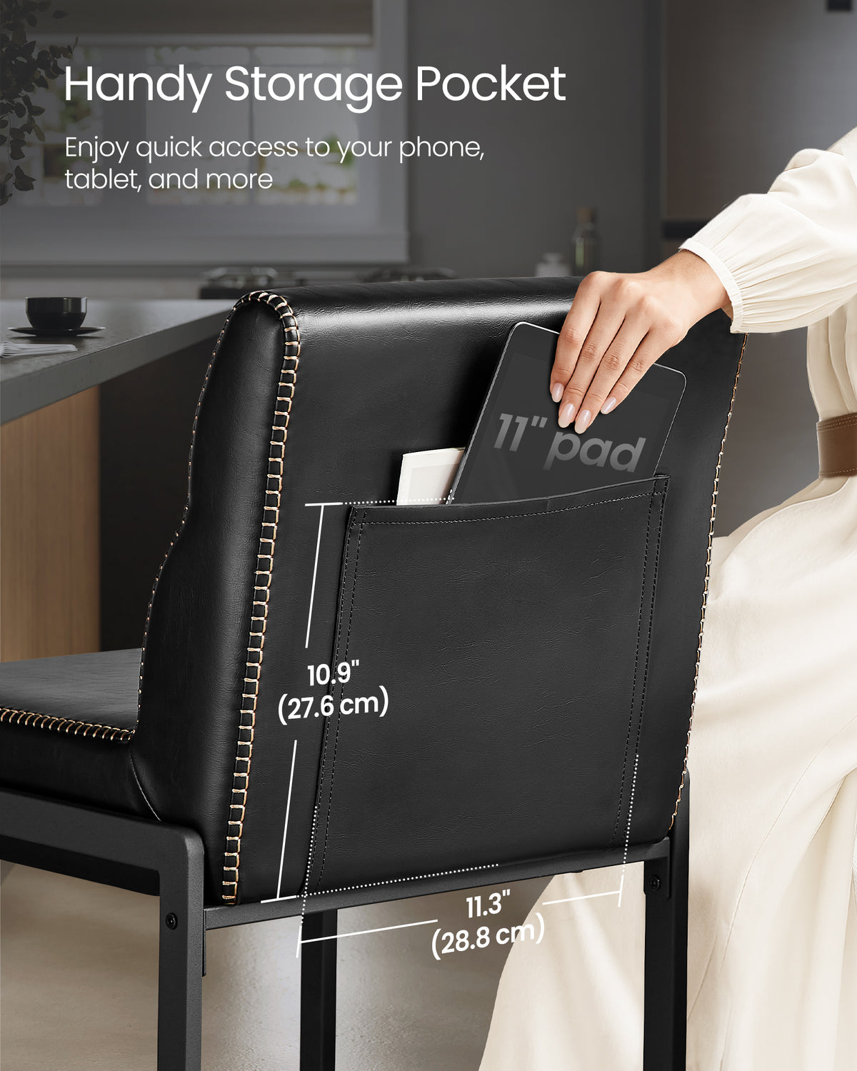 Counter stool rear storage pocket