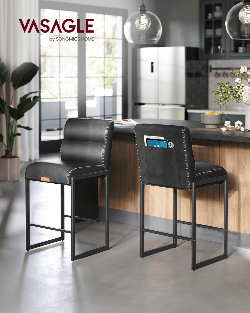 VASAGLE EKHO ink black counter stools in a kitchen setting