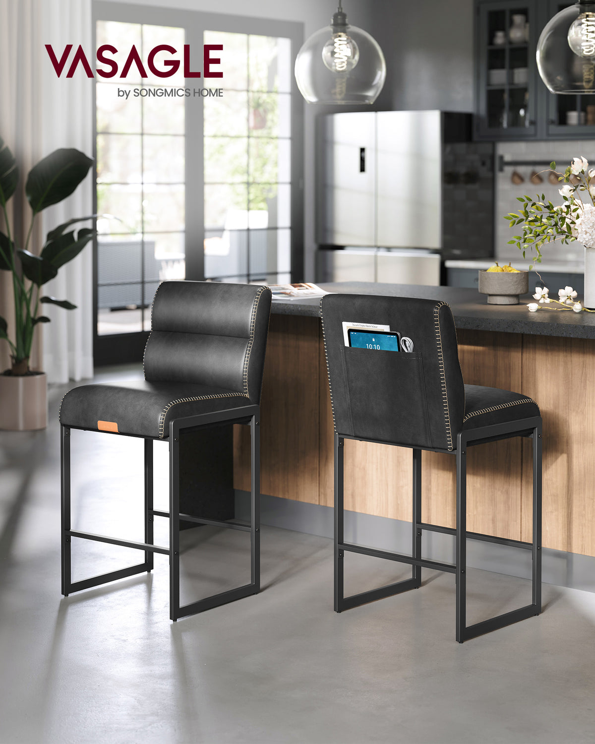 VASAGLE EKHO ink black counter stools in a kitchen setting