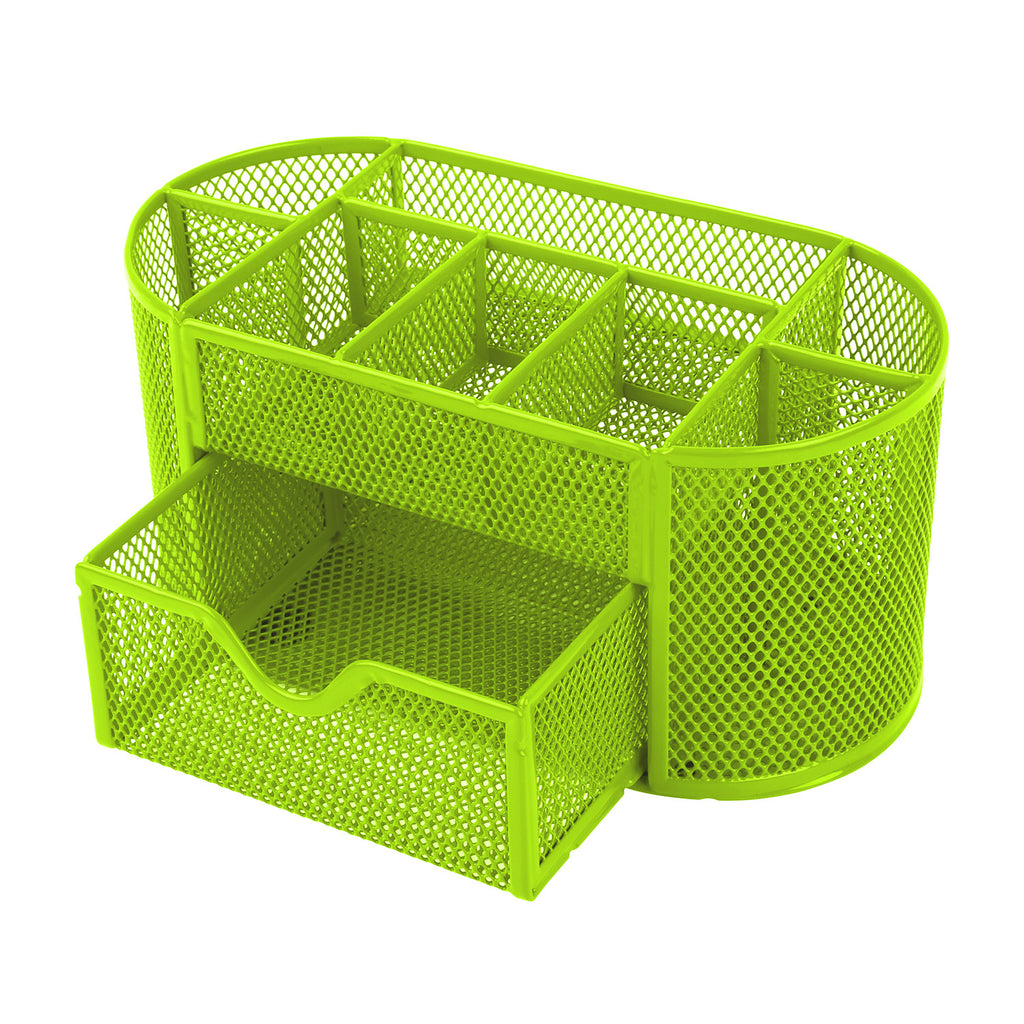 Metal Mesh Desktop Organizer with Drawer and Multiple Compartments, Green, 8.7 Inches Wide