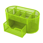Metal Mesh Desktop Organizer with Drawer and Multiple Compartments, Green, 8.7 Inches Wide