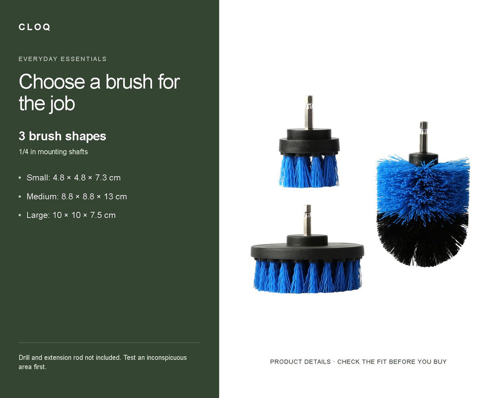 CLOQ product guide v2 — Drill Cleaning Brush Attachment Set, 3 Pieces, Blue, 1/4-Inch Shanks, Drill Not Included