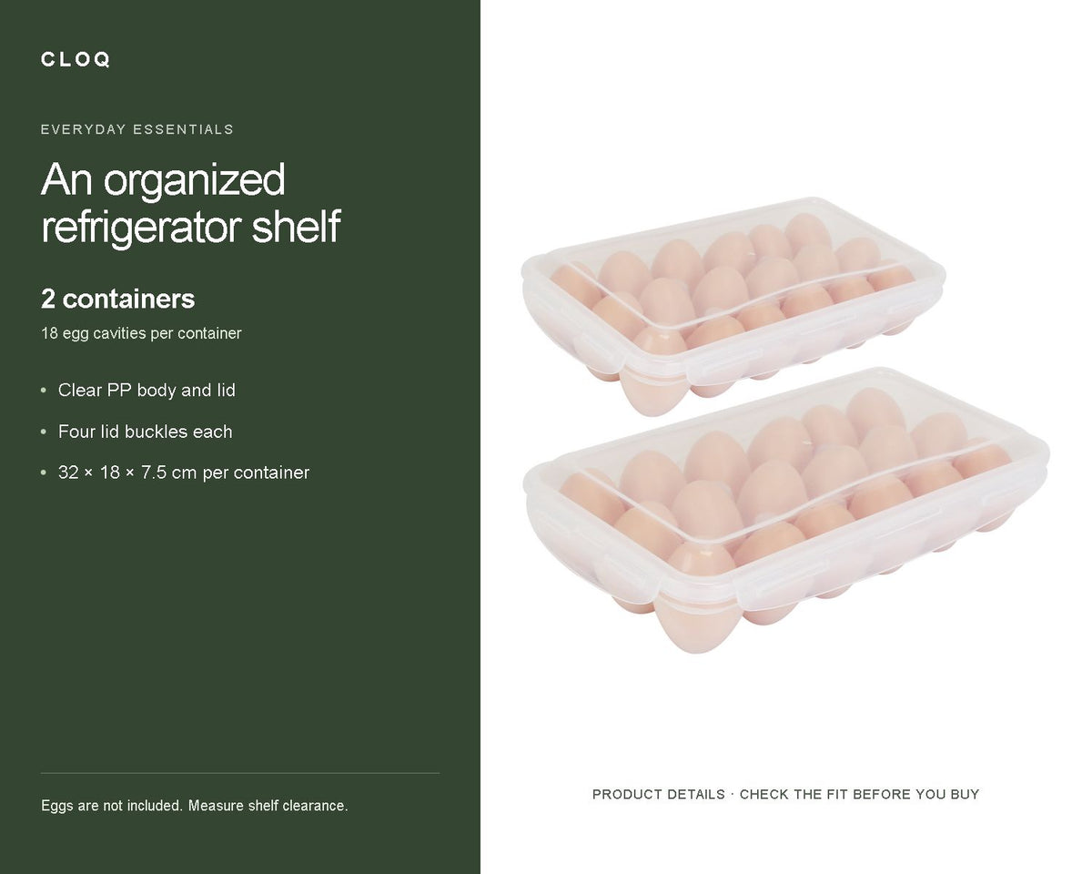 CLOQ product guide v2 — 2-Pack Stackable Egg Storage Containers with Lids, Clear, 18 Eggs per Container