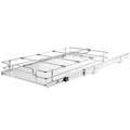 Empty chrome-plated steel pull-out cabinet basket with white liner and three divider rods.