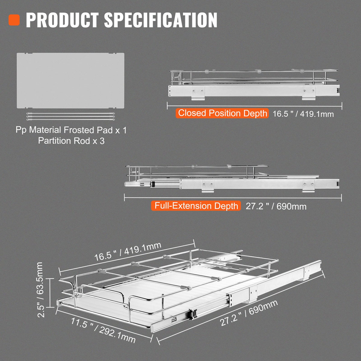 Supplier specification diagram with closed and extended basket dimensions.
