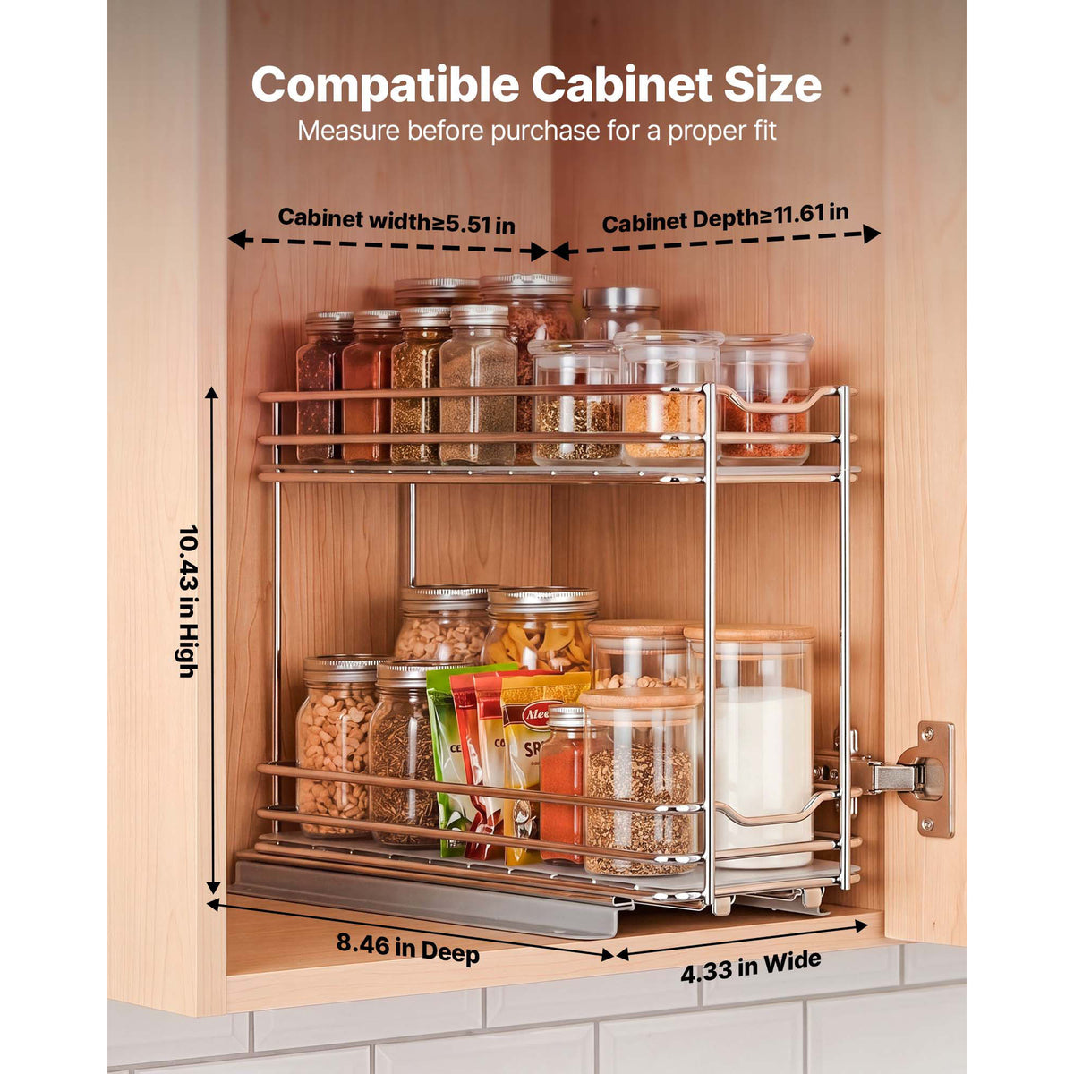 2-Tier Pull-Out Spice Rack for Cabinets, Silver, 4.33 x 8.46 x 10.43 Inch
