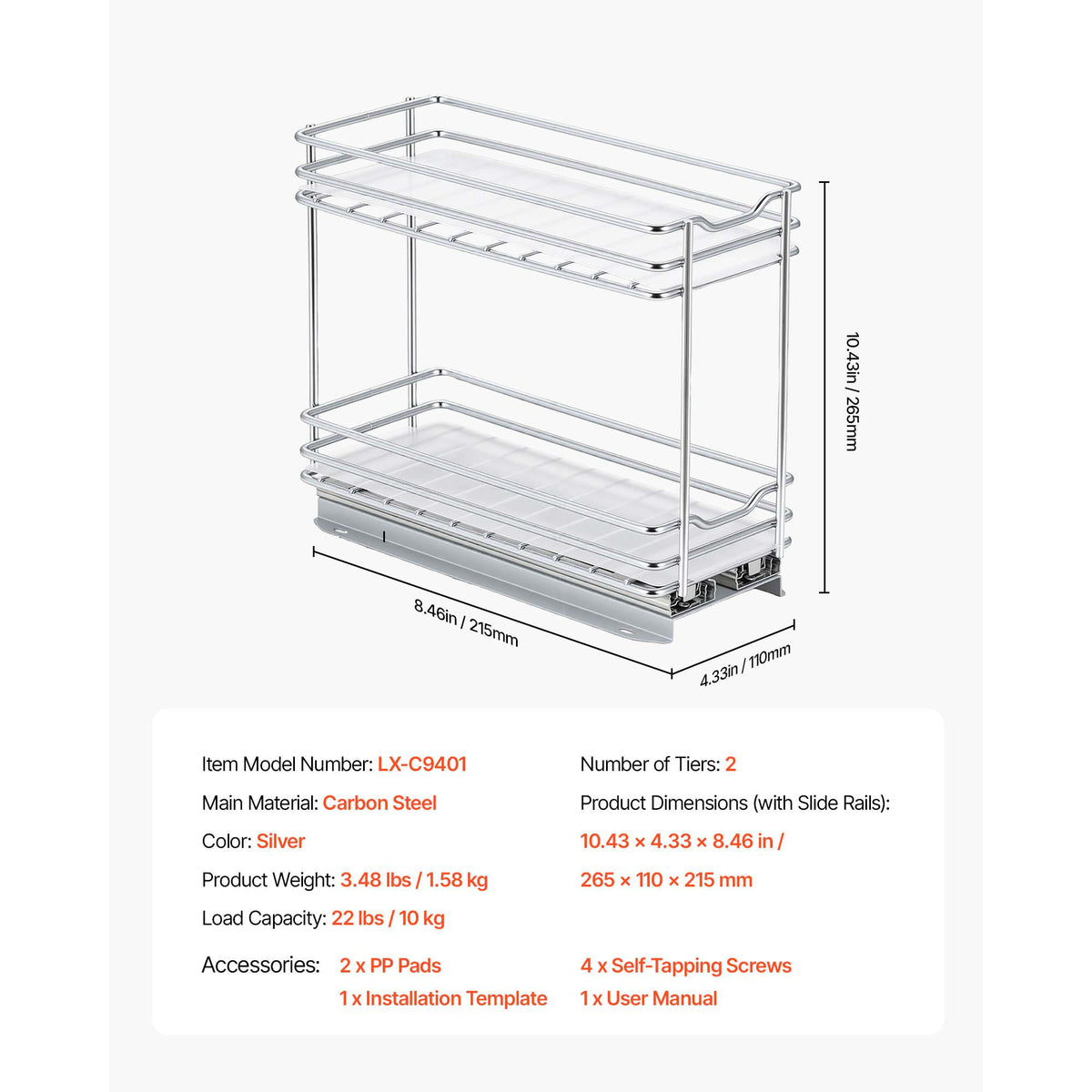 2-Tier Pull-Out Spice Rack for Cabinets, Silver, 4.33 x 8.46 x 10.43 Inch