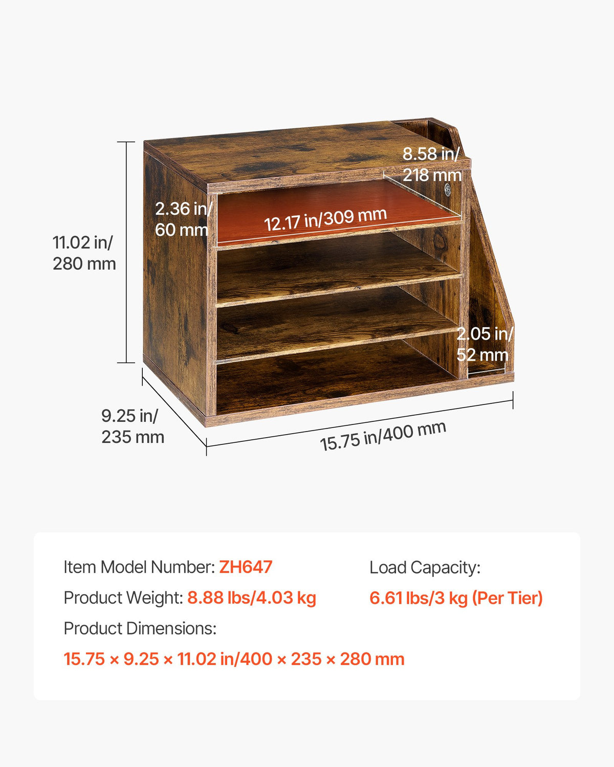 Wooden Desktop Literature Organizer, 4 Compartments and Side Storage, Brown