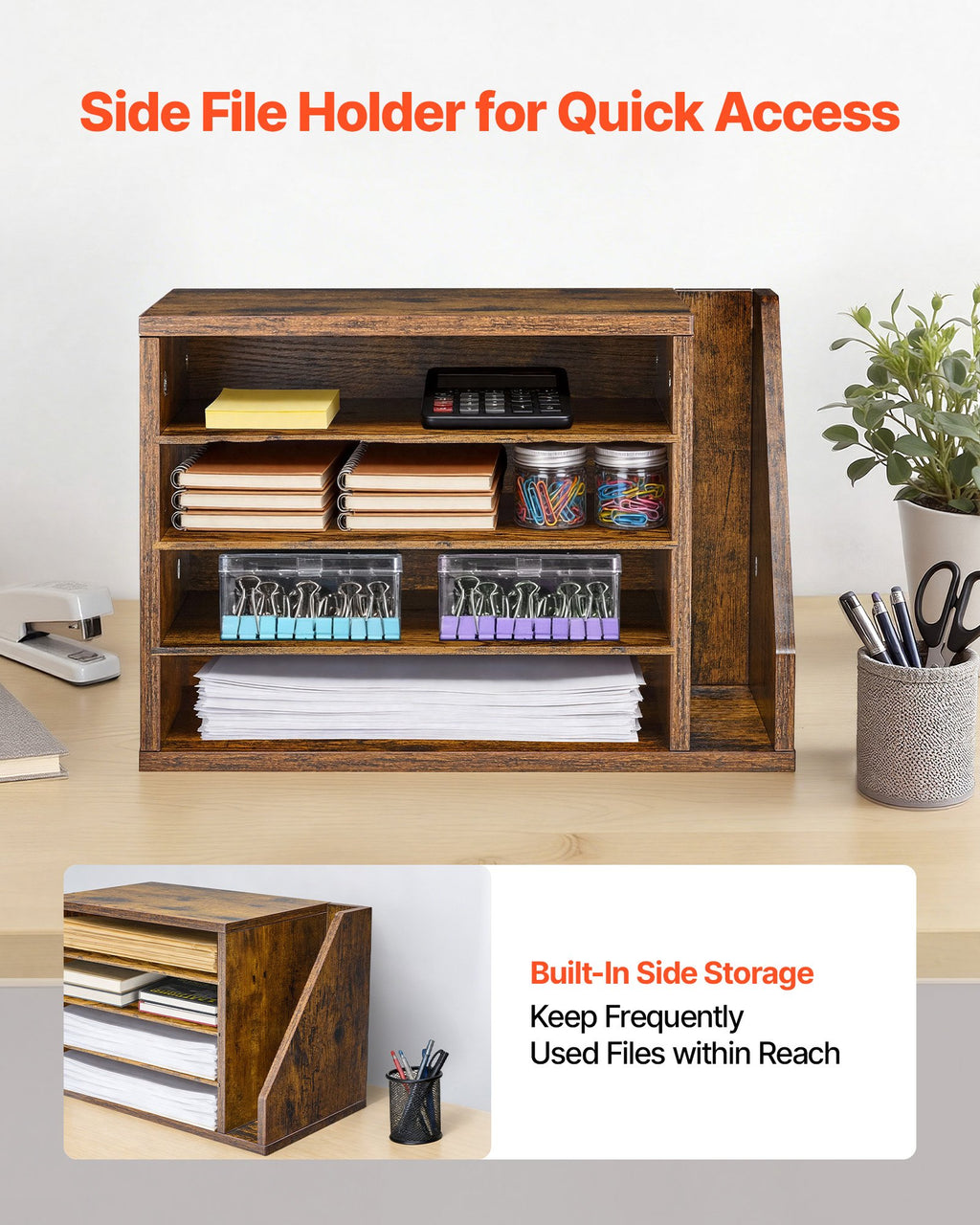 Wooden Desktop Literature Organizer, 4 Compartments and Side Storage, Brown