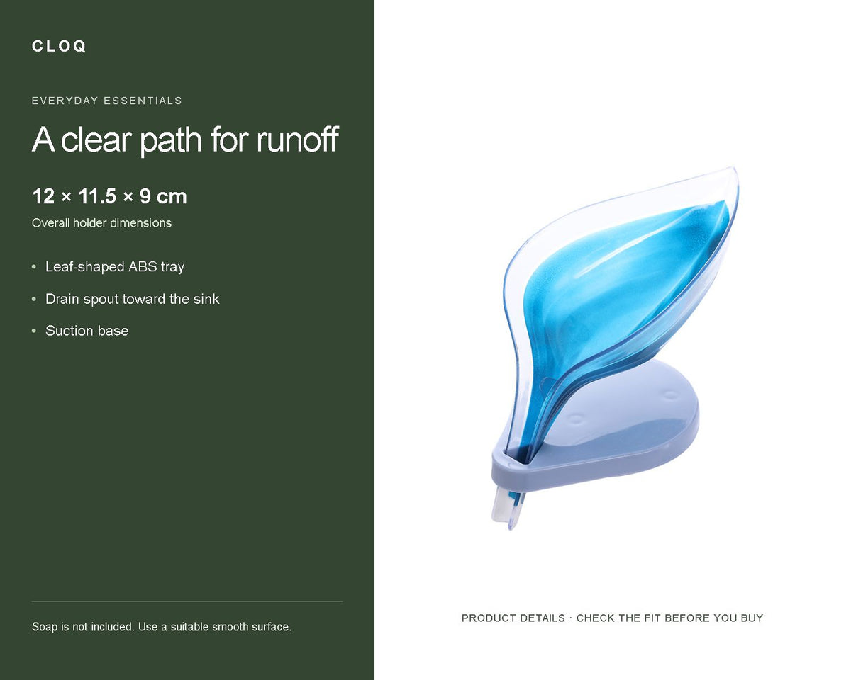 CLOQ product guide v2 — Leaf-Shaped Soap Dish with Suction Base and Drain Spout, Clear Blue, 12 x 11.5 x 9 cm