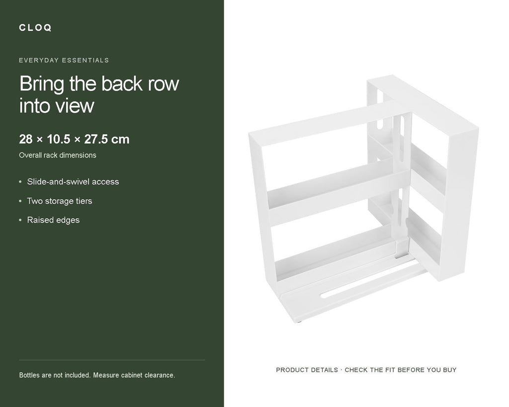 CLOQ product guide v2 — Two-Tier Slide-and-Swivel Cabinet Organizer, White