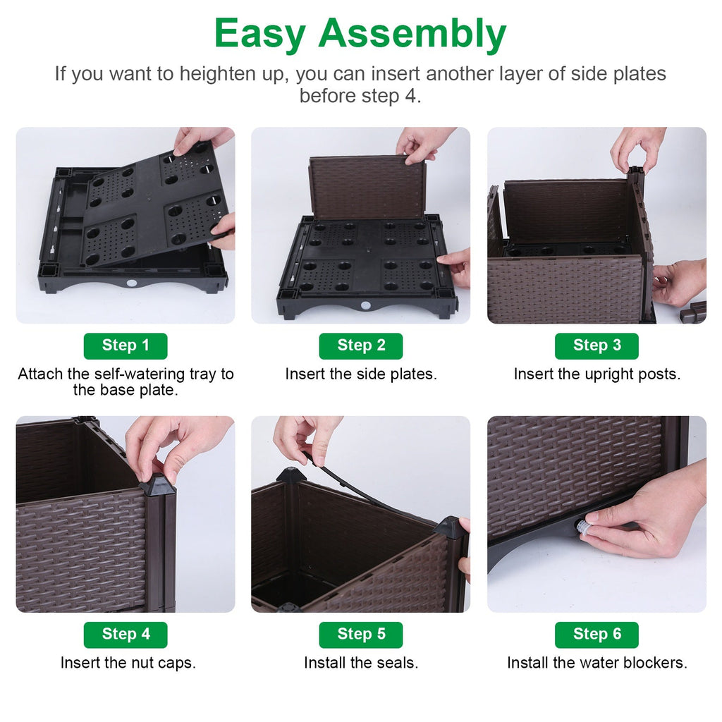Supplier assembly steps for the square brown planter, including reservoir tray, side panels, caps and drainage plugs.