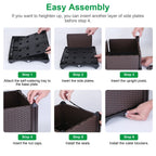 Supplier assembly steps for the square brown planter, including reservoir tray, side panels, caps and drainage plugs.