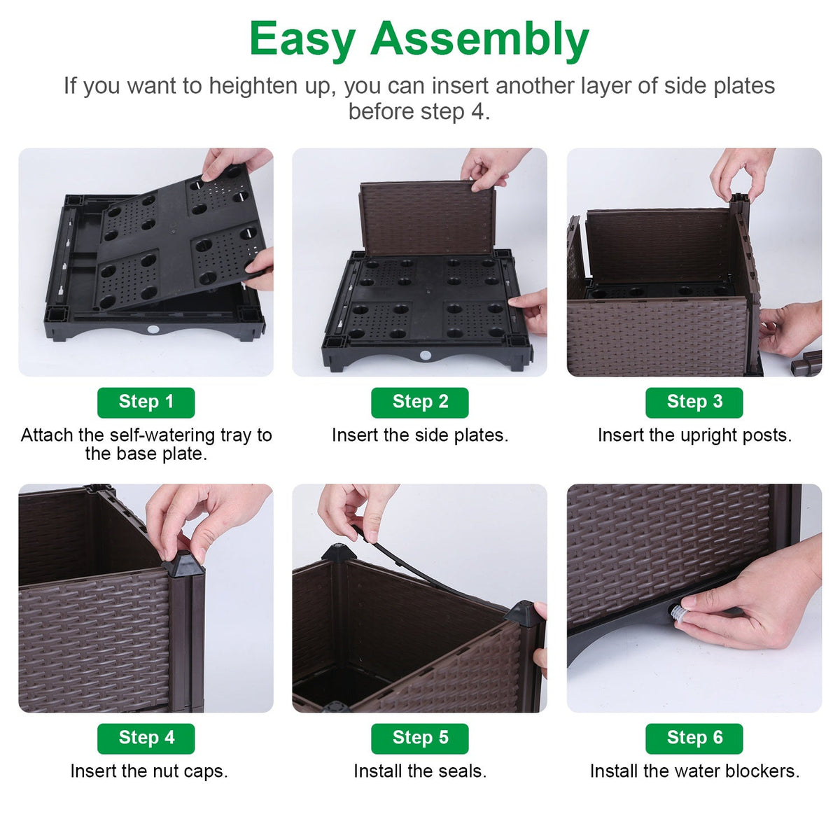 Supplier assembly steps for the square brown planter, including reservoir tray, side panels, caps and drainage plugs.