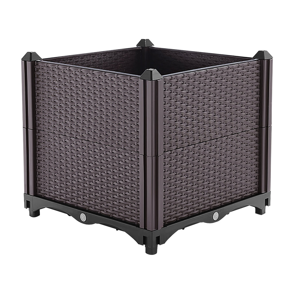 One square brown rattan-look polypropylene planter. Plants and soil are not included.