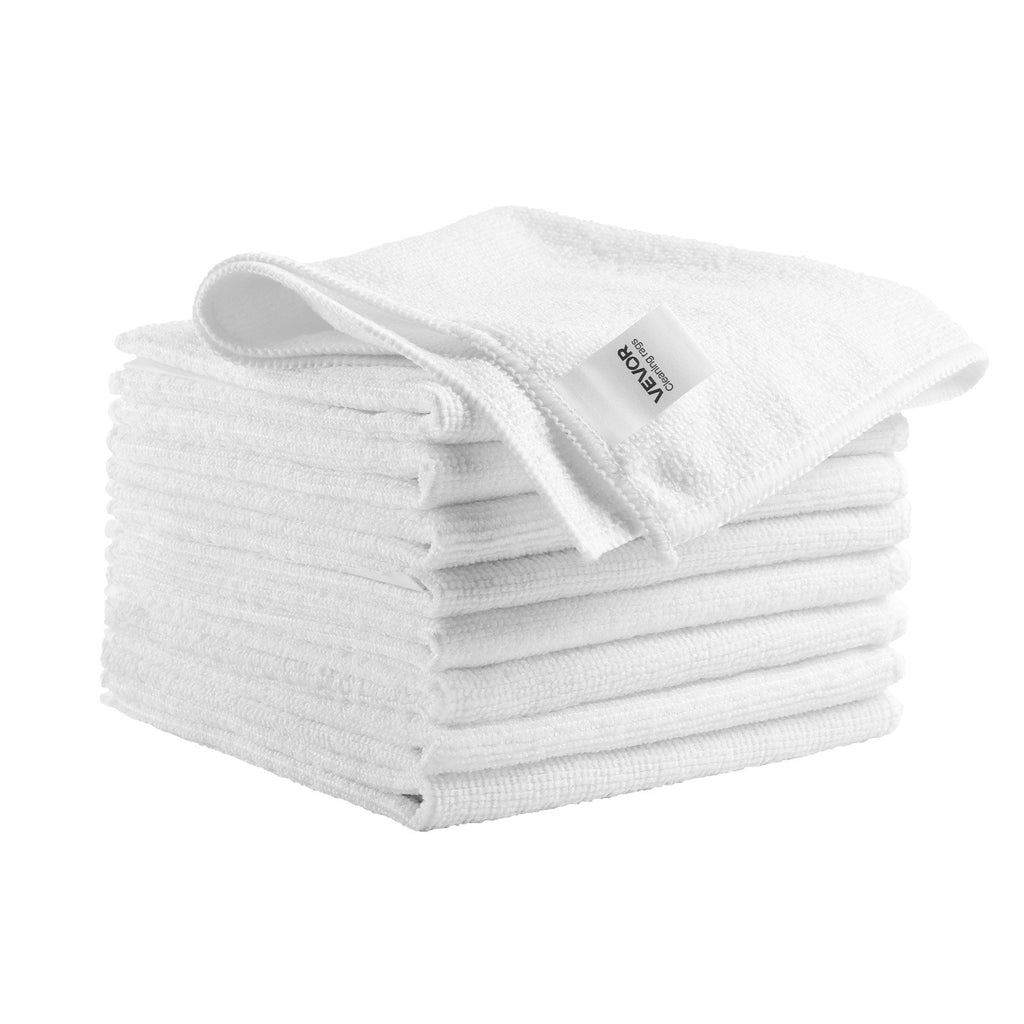 Stack of white VEVOR microfiber cleaning cloths with a sewn VEVOR label