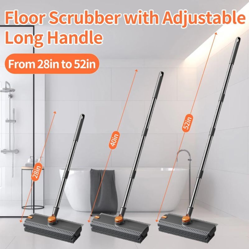 Gray floor scrub brush and squeegee with adjustable handle