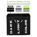 3-Section Collapsible Laundry Hamper with Aluminum Handles, Black, 24 x 13 x 20 Inch