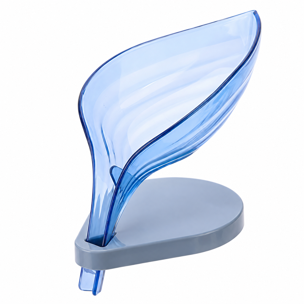 Leaf-Shaped Soap Dish with Suction Base and Drain Spout, Clear Blue, 12 x 11.5 x 9 cm