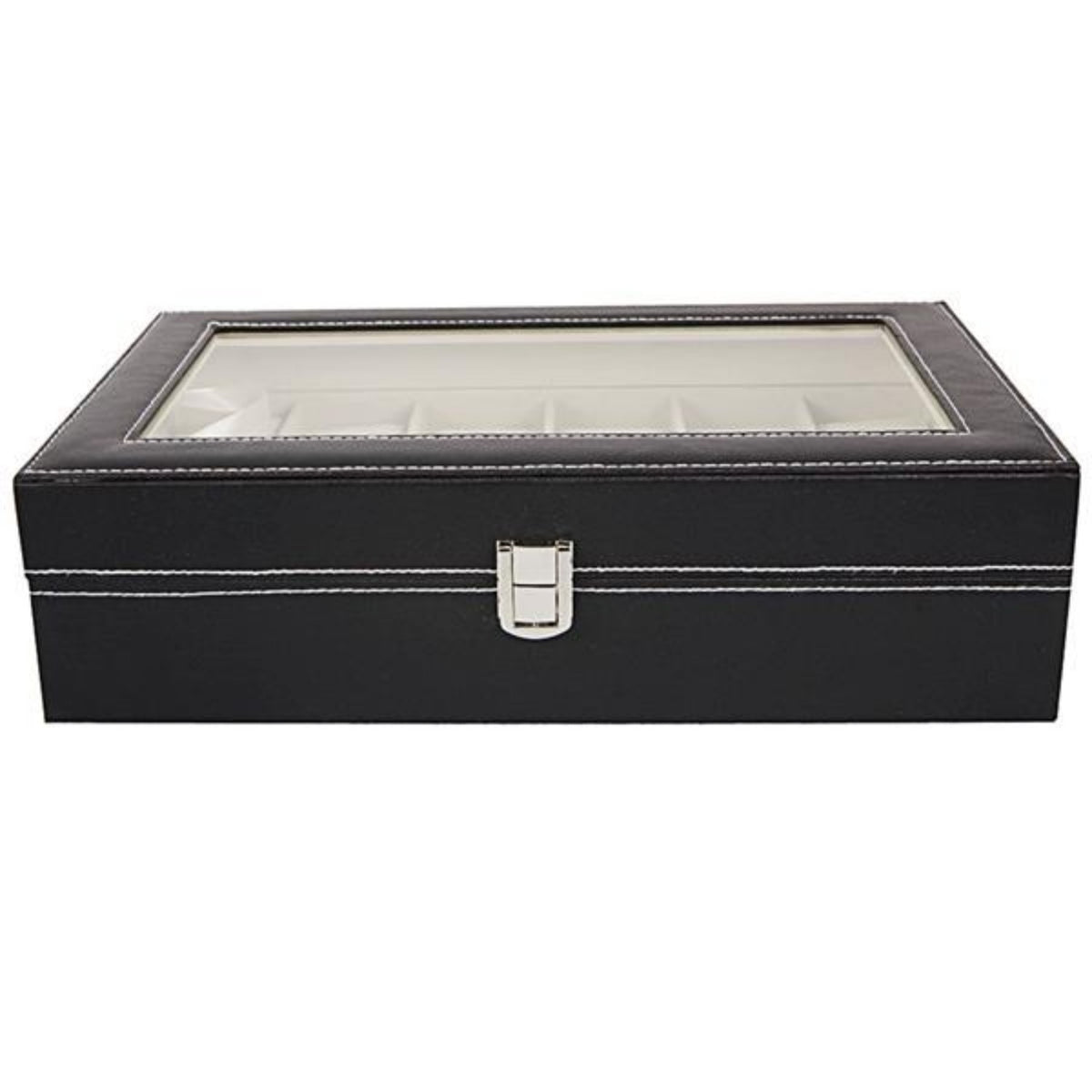 12-Slot Watch Storage Box with Clear Display Lid and Removable Cushions, Black, 30 x 20 x 8 cm — detail