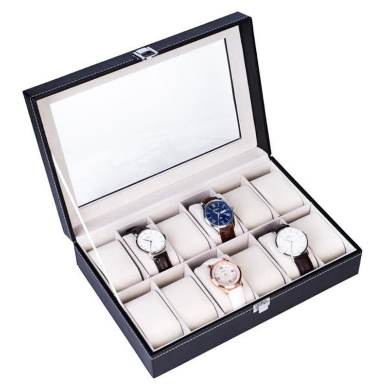 12-Slot Watch Storage Box with Clear Display Lid and Removable Cushions, Black, 30 x 20 x 8 cm