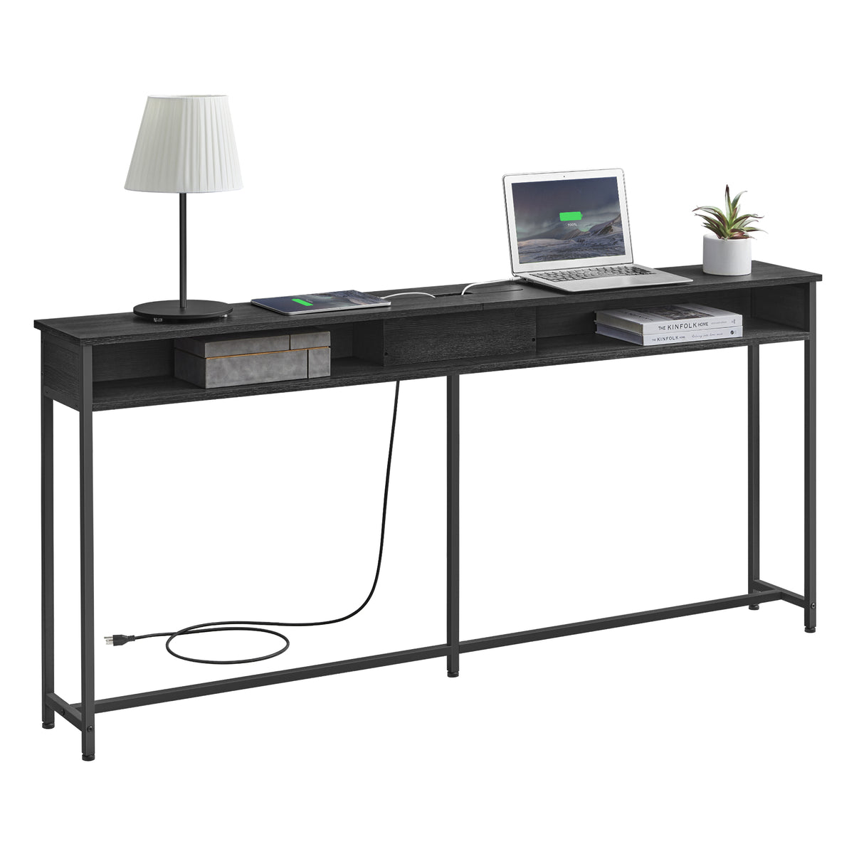 VASAGLE Black slim console table with open storage shelves, black steel frame and power cord; lamp, electronics, books and other display props are not included