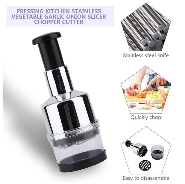 Manual Push-Down Food Chopper with Stainless Steel Blade, Silver, 8.66 Inch Tall