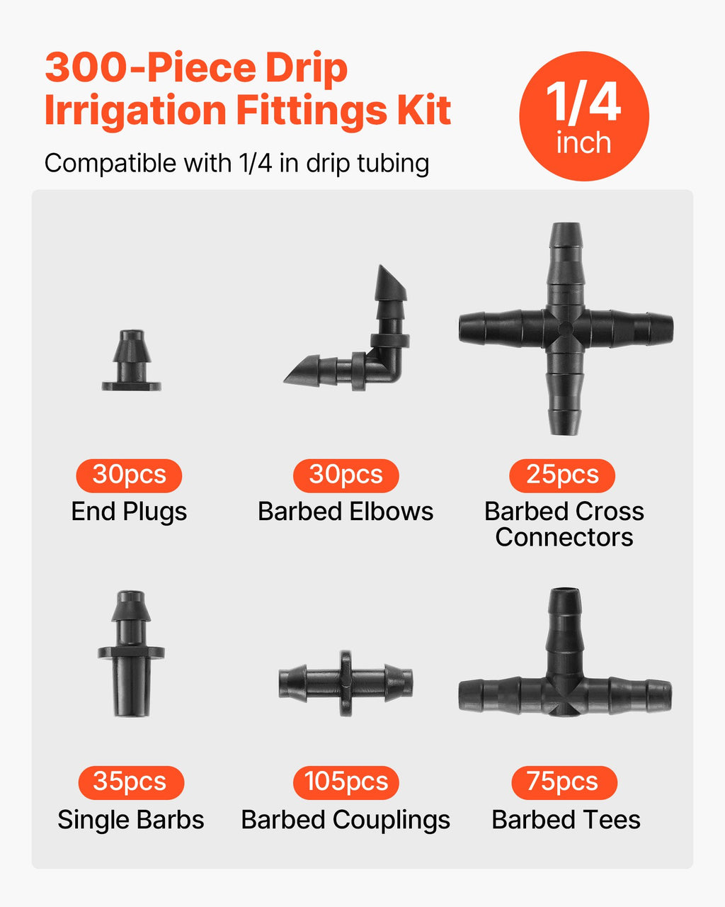 VEVOR Drip Irrigation Fittings Kit for 1/4 Inch Tubing, 300 Pieces - product detail