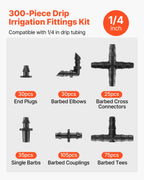 VEVOR Drip Irrigation Fittings Kit for 1/4 Inch Tubing, 300 Pieces - product detail