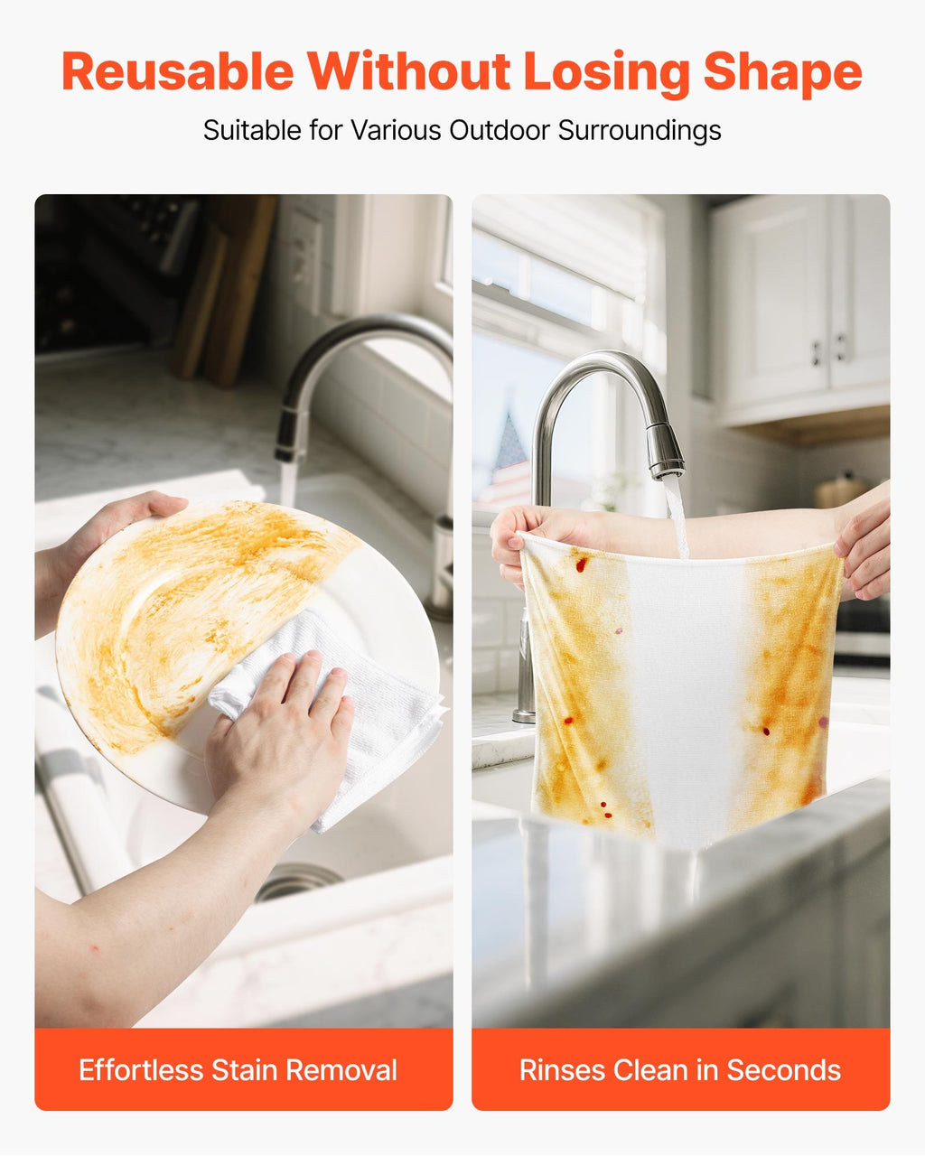 White VEVOR microfiber cloth being used to wipe a plate and rinsed under a faucet